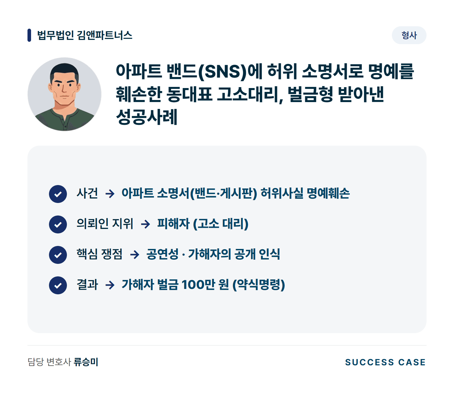 아파트 밴드(SNS)에 허위 소명서로 명예를 훼손한 동대표 고소대리, 벌금형 받아낸 성공사례 사건 요약