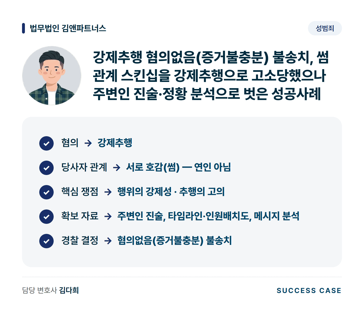 강제추행 혐의없음(증거불충분) 불송치, 썸 관계 스킨십을 강제추행으로 고소당했으나 주변인 진술·정황 분석으로 벗은 성공사례 사건 요약
