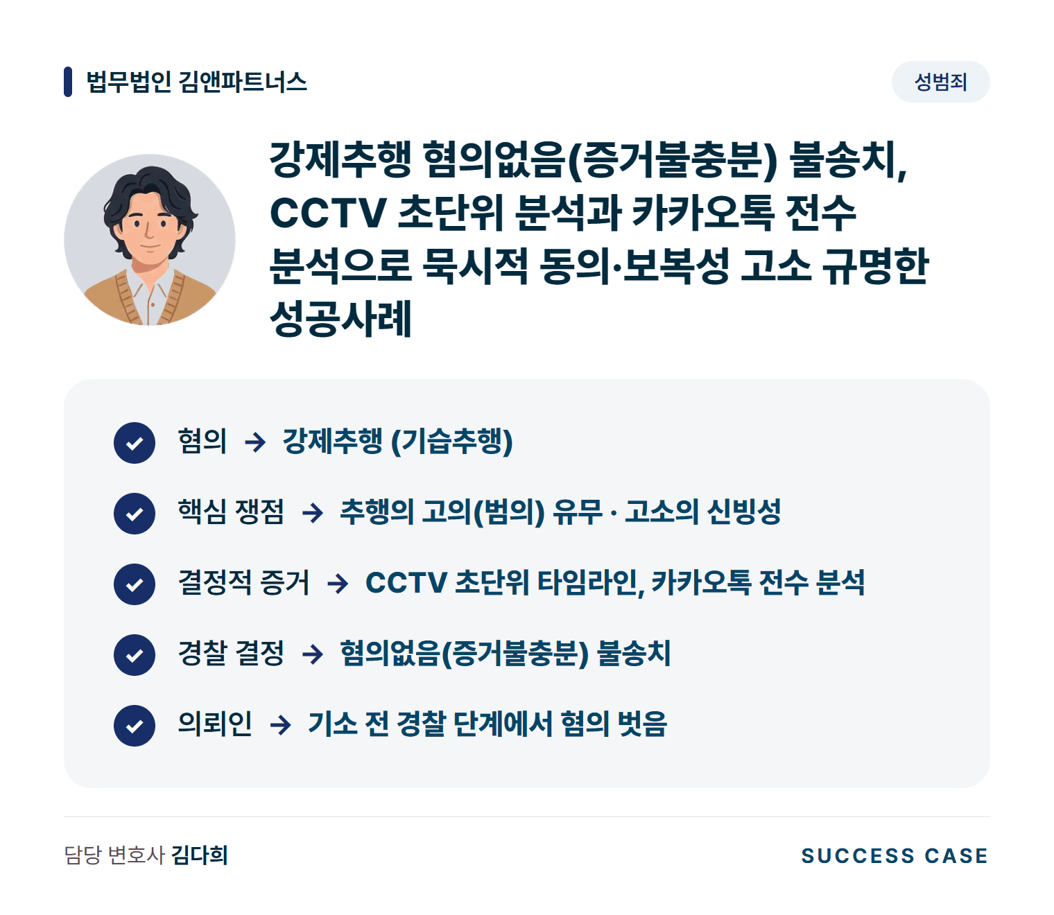 강제추행 혐의없음(증거불충분) 불송치, CCTV 초단위 분석과 카카오톡 전수 분석으로 묵시적 동의·보복성 고소 규명한 성공사례 사건 요약