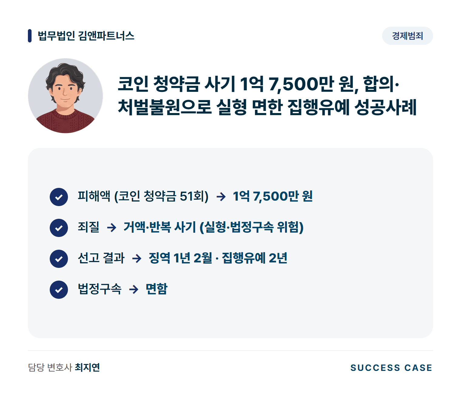 코인 청약금 사기 1억 7,500만 원, 합의·처벌불원으로 실형 면한 집행유예 성공사례 사건 요약