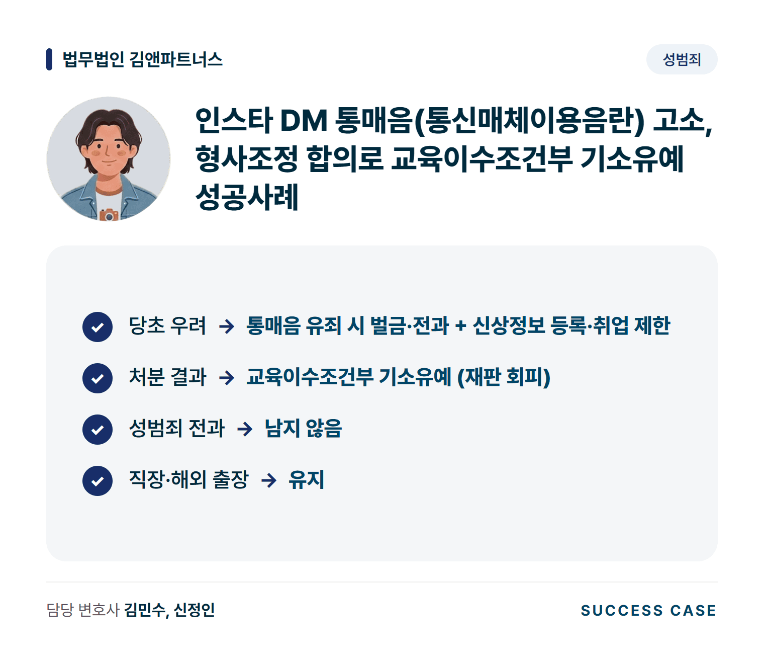 인스타 DM 통매음(통신매체이용음란) 고소, 형사조정 합의로 교육이수조건부 기소유예 성공사례 사건 요약