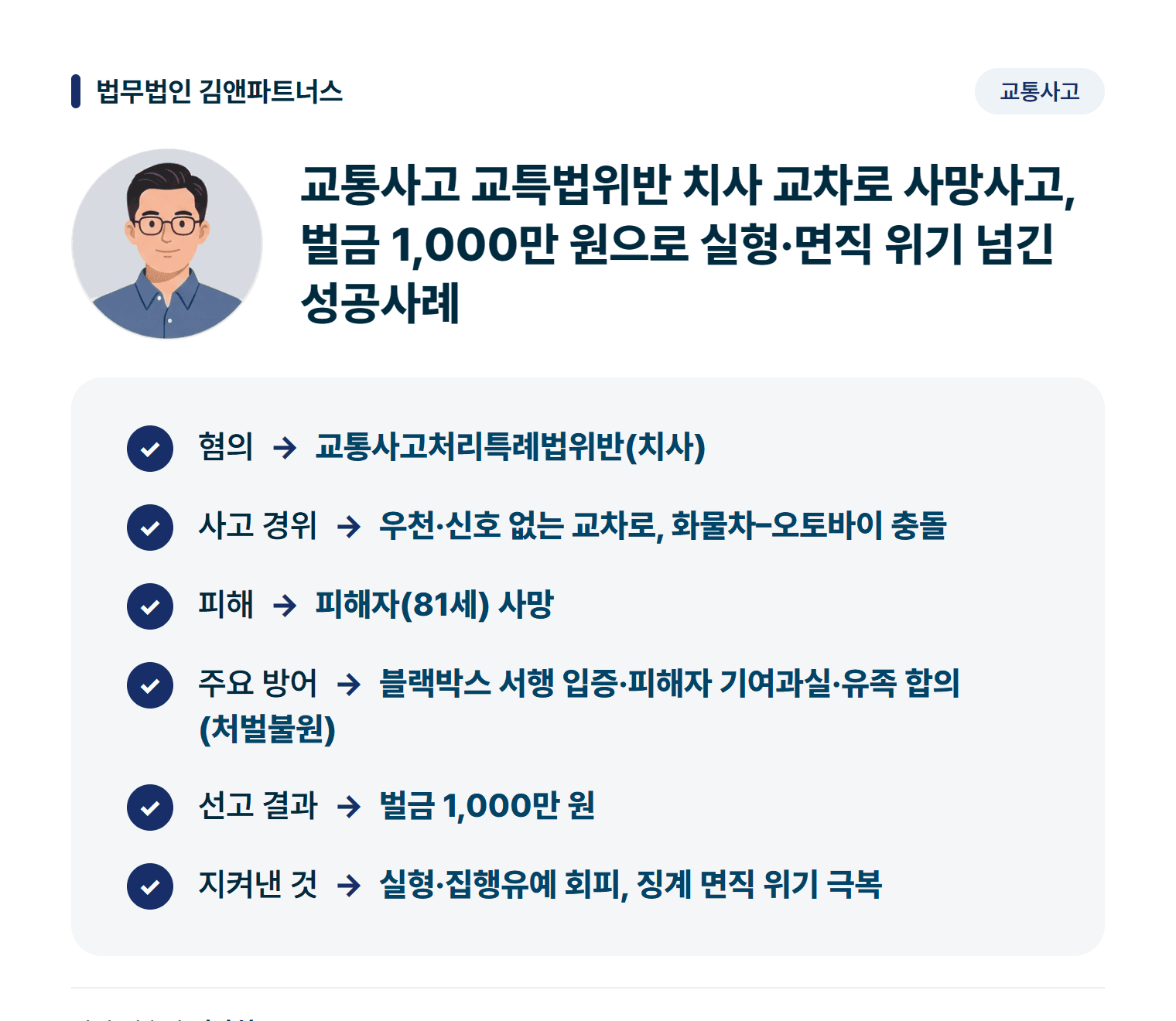 교통사고 교특법위반 치사 교차로 사망사고, 벌금 1,000만 원으로 실형·면직 위기 넘긴 성공사례 사건 요약