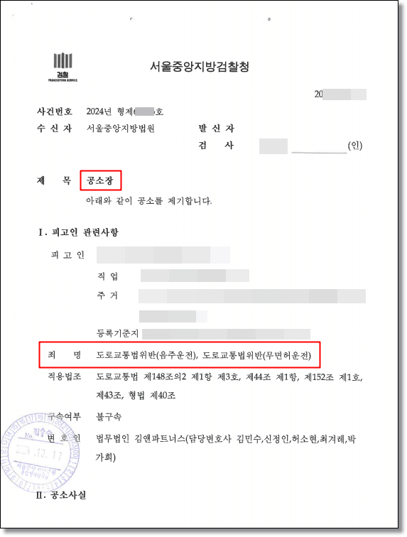 무면허 음주운전 처벌 공소사실 1