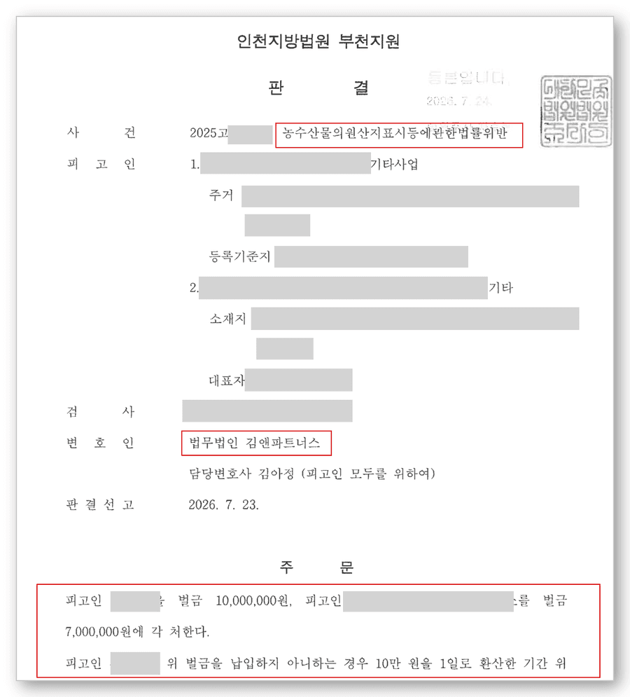 원산지표시법 변호사 판결문
