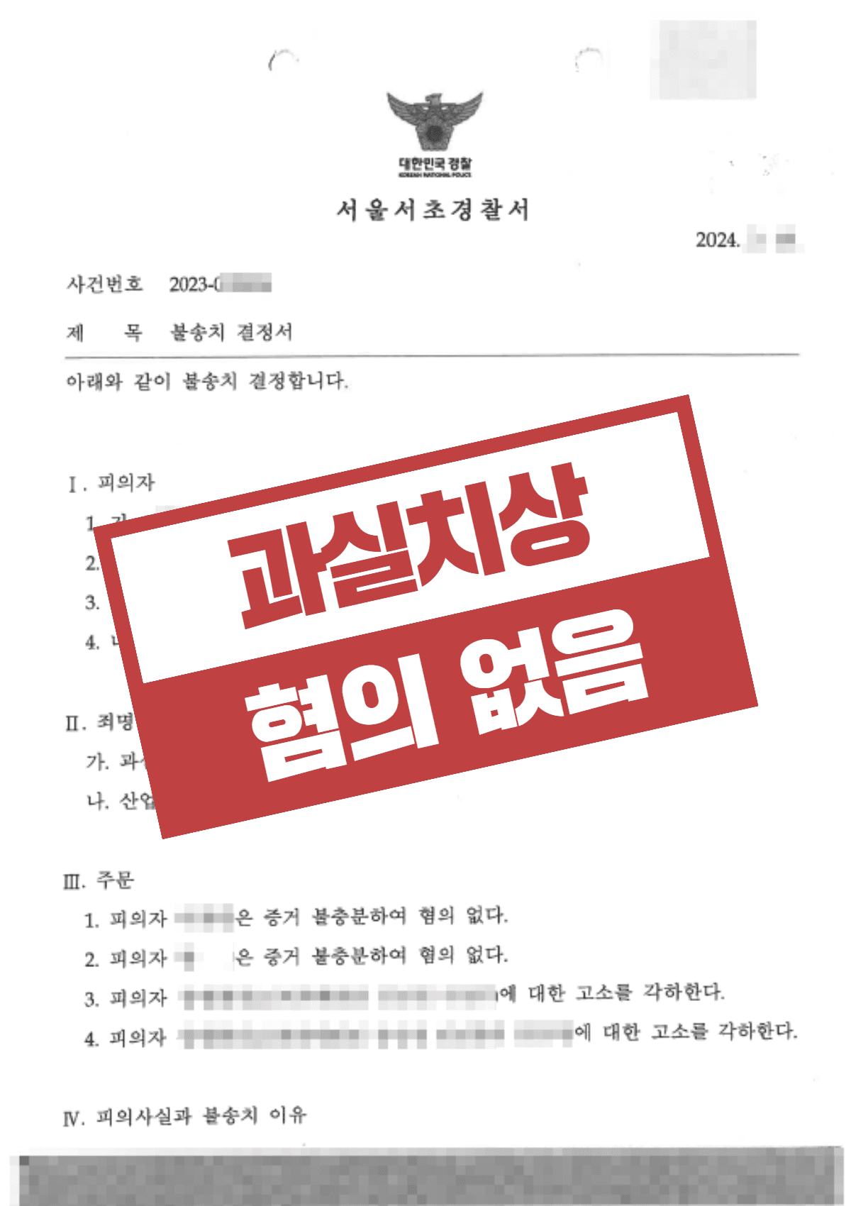 과실치상 혐의없음 – 전치 4주 상해 입은 직원 고소 무혐의 조력 사례