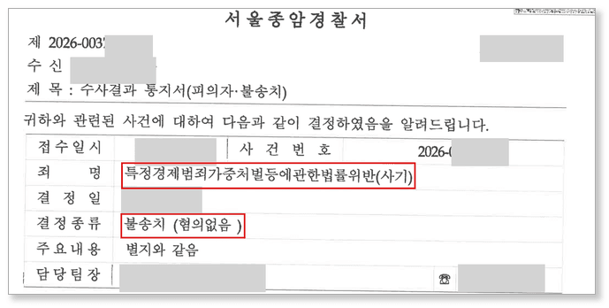 특정경제범죄가중처벌법위반 사기 수사결과통지서 – 혐의없음 불송치